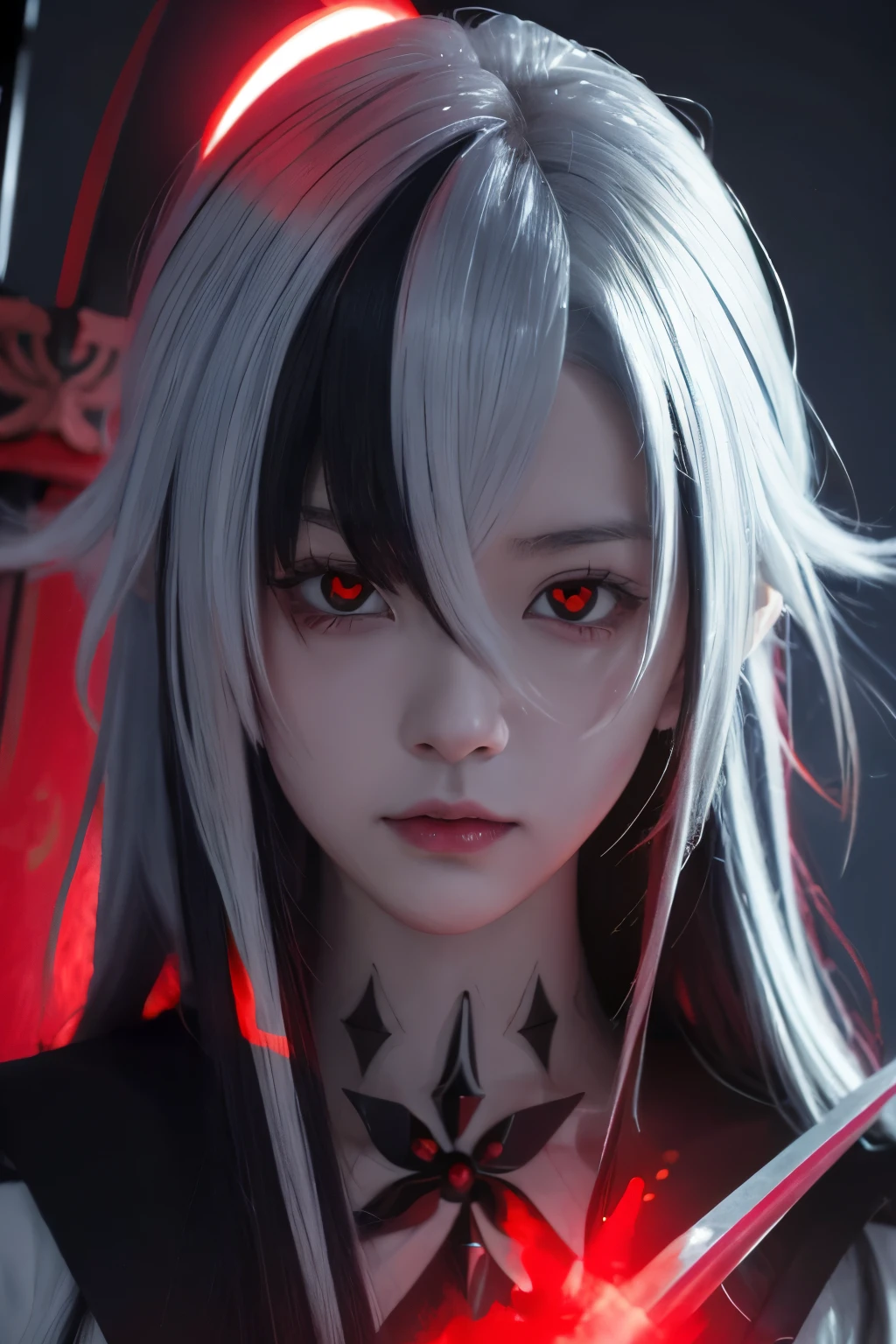 anime, anime, anime girl,with red glowing eyes, portrait gapmoe yandere grimdark, gapmoe yandere grimdark, with glowing red eyes, beautiful female god of death, handsome japanese demon girl, holding red sickles polearm,yandere girl