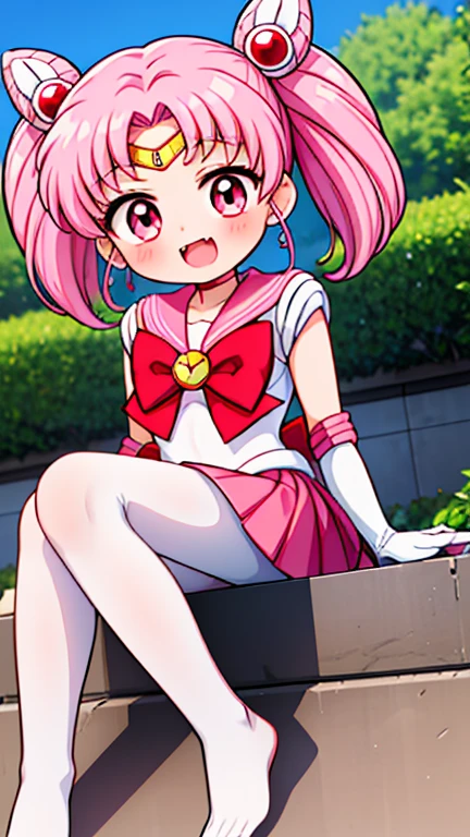 Sailor Moon,young年,Seven years old,cute,(Little ),Pink hair twintails,short hair,Sailor Suit,Red bow,White elbow gloves,Red Skirt,No shoes,Open your mouth,laughing out loud,Fangs,(White pantyhose),soles of feet,Soles,(young),(little man),sit