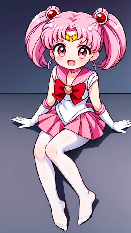 Sailor Moon，young年，Seven years old，cute，（Little Loli），Pink hair twintails，short hair，Sailor Suit，Red bow，White elbow gloves，Red Skirt，No shoes，Open your mouth，laughing out loud，Fangs，(White pantyhose),soles of feet，Soles，(young)，(little man)，sit