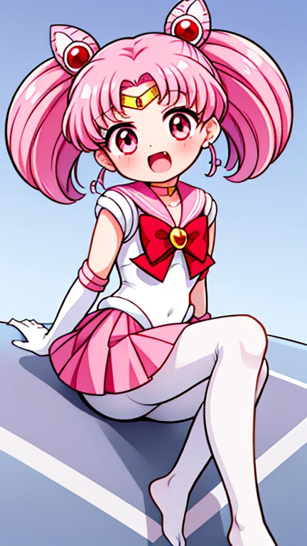 Sailor Moon,young年,Seven years old,cute,(Little Loli),Pink hair twintails,short hair,Sailor Suit,Red bow,White elbow gloves,Red Skirt,No shoes,Open your mouth,laughing out loud,Fangs,(White pantyhose),soles of feet,Soles,(young),(little man),sit