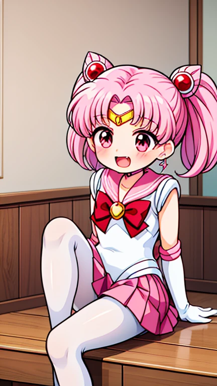Sailor Moon，young年，Seven years old，cute，（Little ），Pink hair twintails，short hair，Sailor Suit，Red bow，White elbow gloves，Red Skirt，No shoes，Open your mouth，laughing out loud，Fangs，(White pantyhose),soles of feet，Soles，(young)，(little man)，sit