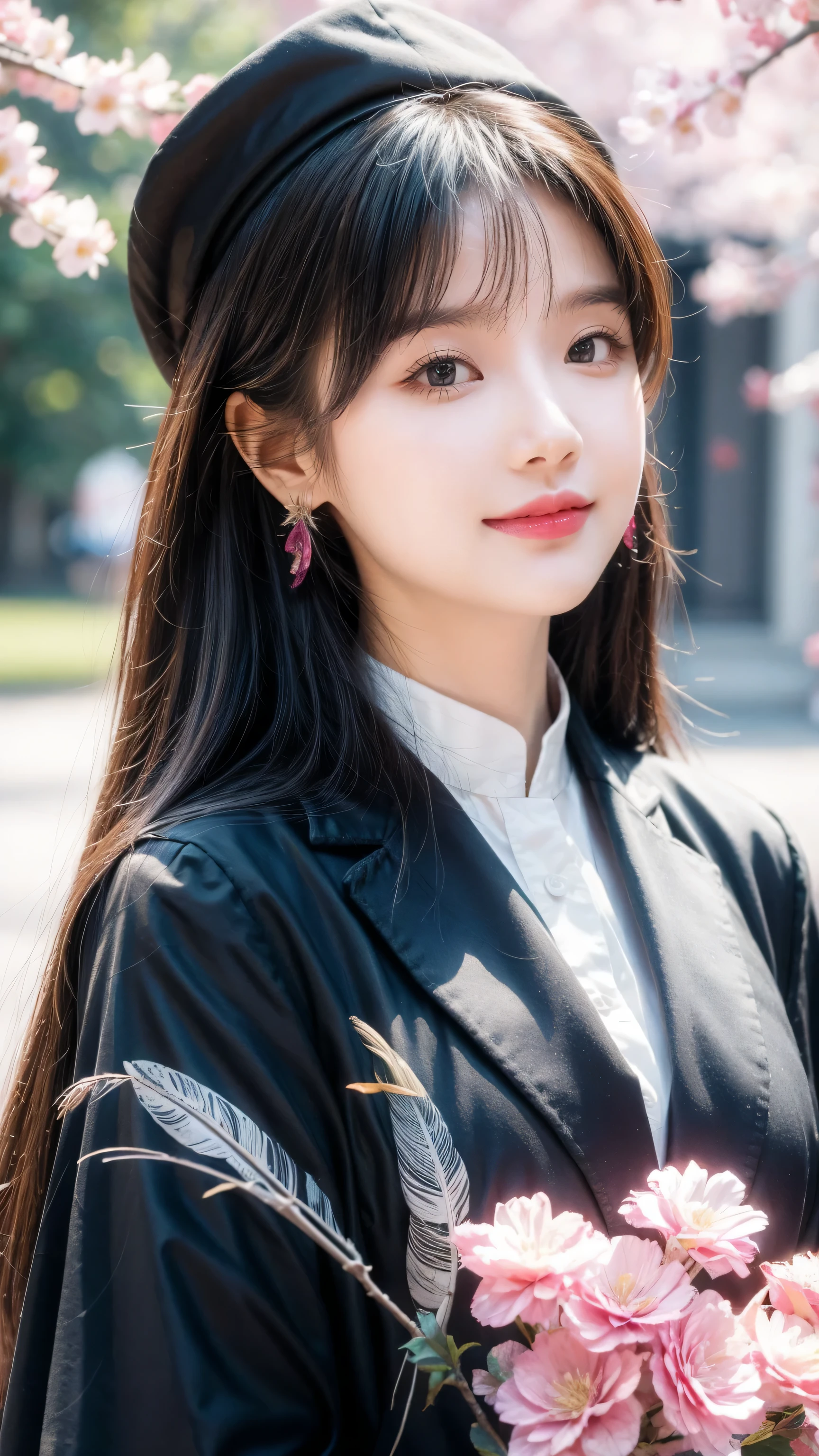 Degree uniform, Bachelor&#39;s robe, Mortar board, Square cap, University Campus, architecture, Cherry blossoms, Smile, 2 girls, Detailsed uniform, Look at the audience, (Sigma 85mm f1.4), Depth of Field, Bokeh,  Detailed photorealistic background, Scattered natural sunlight, Diffuses natural skin radiance, Face focus, extremely detailed, (Abstract Background, Zentangle, Fractal Art:1.3), (Many colors, rich and colorful:1.1), (feather, petal, Flowers:1.3), earrings 