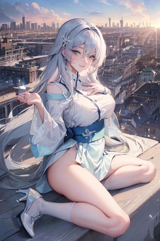 official art, masterpiece, Sharp focus, (Beautiful, gorgeous and cute Korean woman:1.3), (beautiful and cute korean:1.3), Korean beauty, Exquisite and beautiful hair、Eyes and face, Practical, Ultra Detailed, beautiful girl, Blue sky, Glowing white particles, (Side Light:1.2), Sunlight, Baiyun, Detailed cloud, slim, Very cute big and big butt, Smile with teeth bared, ((Smile with your eyes, Open your eyes)), landscape, Long and straight hair, sexy facial expression, architecture, (city View:1.7), Dynamic Hair, very Long and straight hair, Delicate platinum silver hair, Green eyes, Pink skirt, White socks, Pale skin, Hair accessories, epic landscape,White high heels,Nice butt,Beautiful buttocks,Nothing under the skirt