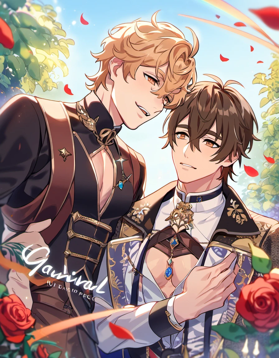 absurdres, highres, ultra detailed, HDR, master piece, best quality, perfect face, Eiden, brown hair, expressive brown eyes, Nu Carnival, Quincy, blond messy hair, expressive amber eyes, two men together, sexy gay couple, handsome, lewd, horny, fantasy silver knights clothes, blue cape, pink roses field, pink petals