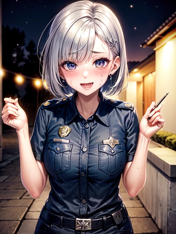 ((highest quality)), ((masterpiece)), ((Perfect Face))、((Cowboy Shot))、Silver Hair、bob hair、orgasm、Flushed face、Sweaty all over、Ahegao、Police Officer