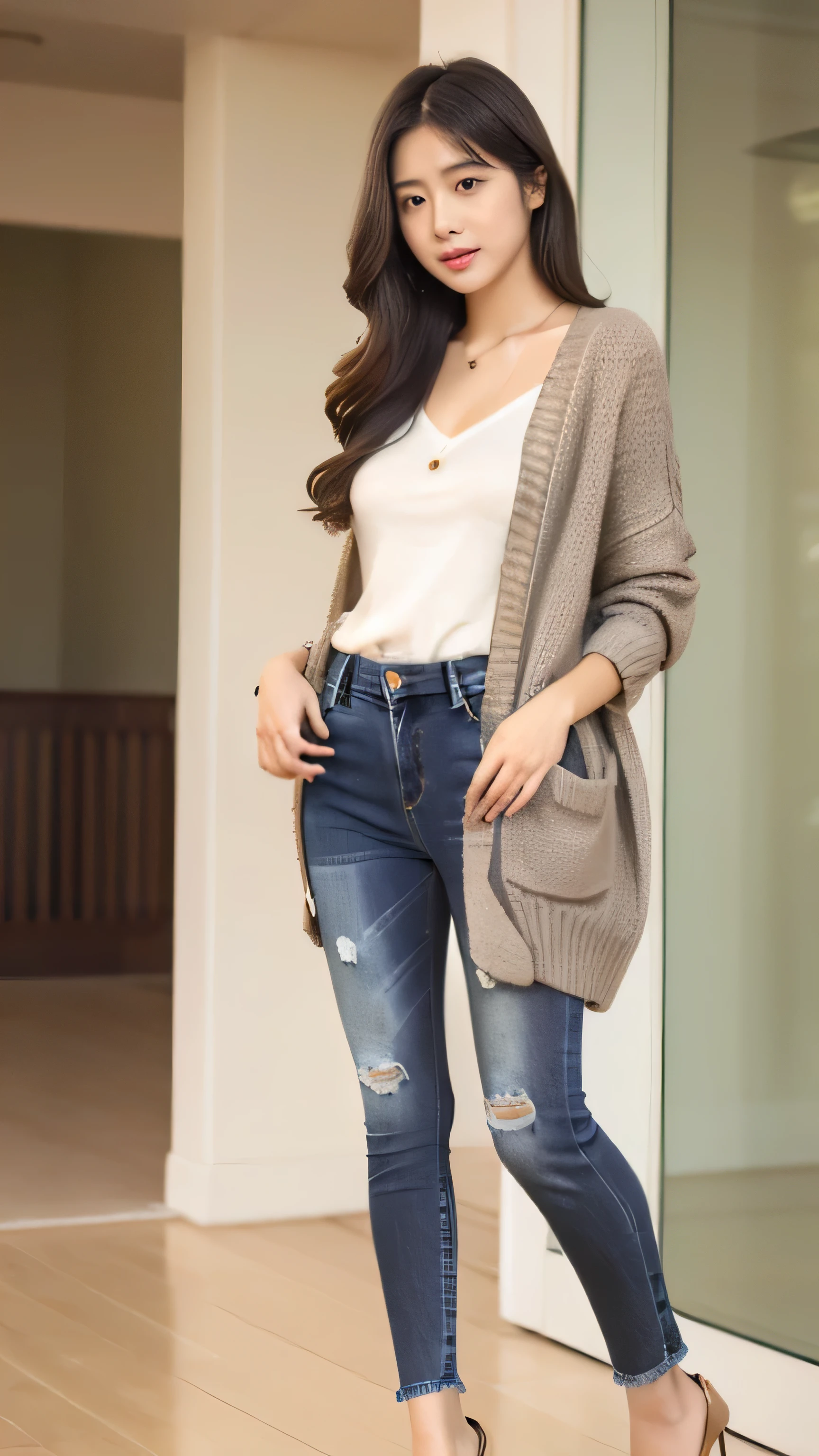 highest quality, Realistically, Super detailed, More about pubic hair, High resolution, 8k wallpaper, 24 year old beautiful woman,Light brown messy hair, Woman standing in a room holding a handbag and a sweater, wearing in cardigan, Full body photo, Wearing long, loose clothing, wearing a cardigan, Full body height, cardigan, Grey clothes, denim, ( ( ( Wearing jeans ) ) ), Simple clothes, Casual clothingスタイル, Wearing torn clothes, Casual clothing, Wearing loose clothing, black denim pants, Beautiful Eyes, Delicate Hair,