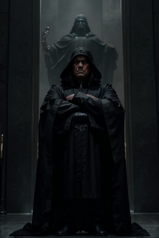 Generate an illustration of a powerful dictator figure wearing a black robe, standing tall and imposing. The figure should exude authority and control, with a stern expression on their face and a posture that conveys dominance. Surround the dictator with symbols of power and oppression, such as looming government buildings and intimidating security forces. The atmosphere should be tense and foreboding, reflecting the atmosphere of fear and intimidation described in the lyrics.
