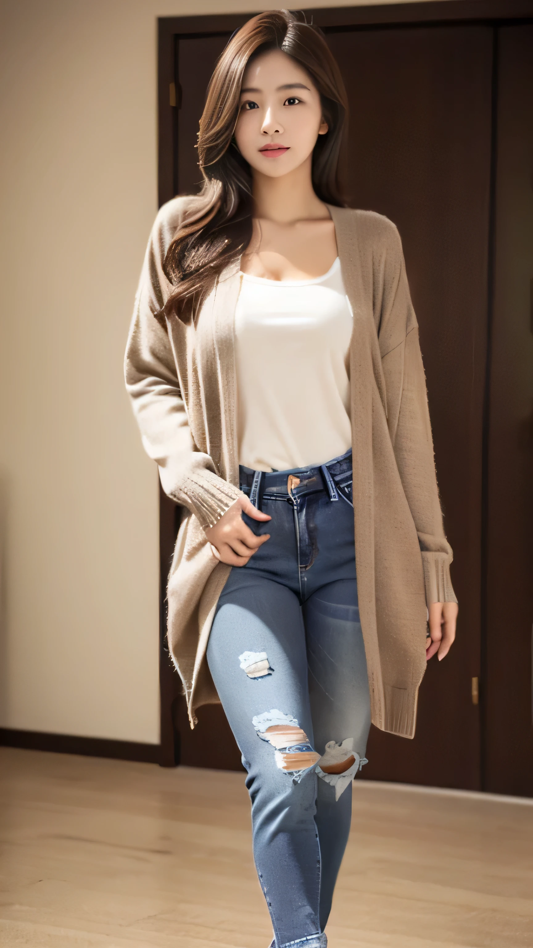 highest quality, Realistically, Super detailed, More about pubic hair, High resolution, 8k wallpaper, 24 year old beautiful woman,Light brown messy hair, Woman standing in a room holding a handbag and a sweater, wearing in cardigan, Full body photo, Wearing long, loose clothing, wearing a cardigan, Full body height, cardigan, Grey clothes, denim, ( ( ( Wearing jeans ) ) ), Simple clothes, Casual clothingスタイル, Wearing torn clothes, Casual clothing, Wearing loose clothing, black denim pants, Beautiful Eyes, Delicate Hair,