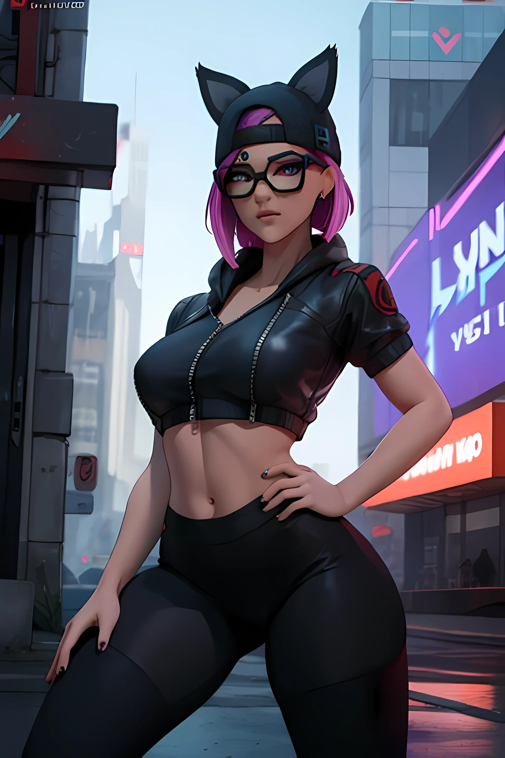 😻 lynx Cyberpunk, Noche, pulsera de picos,gorro , shorts negro con Azul leggins Negro ,chaqueta azul oscuro ,Extremadamente detallado, rostro detallado, gafas ,hermoso rostro, ojos finos, mirando al espectador, dynamic pose