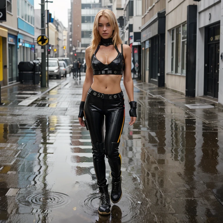 Solo A stylish woman from the special forces cyber punk outfit 3020 bright colors and neutral colors setting rainy weather street with puddles of water but she is determined and doesn&#39;t care about anything blonde hair fair skin fit body