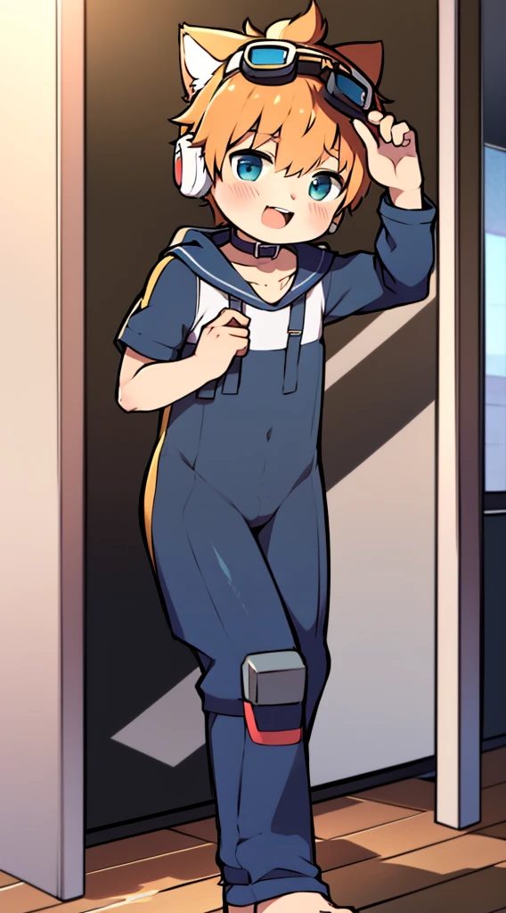 2D Boy Shota,One-piece mountaineering suit,Slim, healthy body,Put the headphones on your head,stand up,goggles,Cat ear,happy,Sailor collar,Lovely,Love,Short sleeve