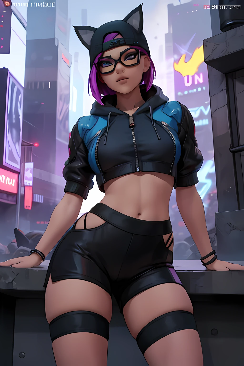 😻 lynx Cyberpunk, Noche, pulsera de picos,gorro , shorts ????? con Azul leggins Negro ,chaqueta azul oscuro ,Extremadamente detallado, rostro detallado, gafas ,hermoso rostro, ojos finos, mirando al espectador, dynamic pose