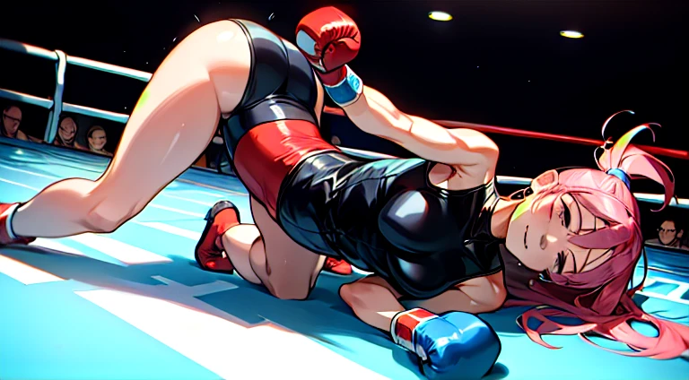a woman with boxing gloves, fighting pose, in a boxing ring laying on ground knocked out girl blood sripping from mouth from punch
