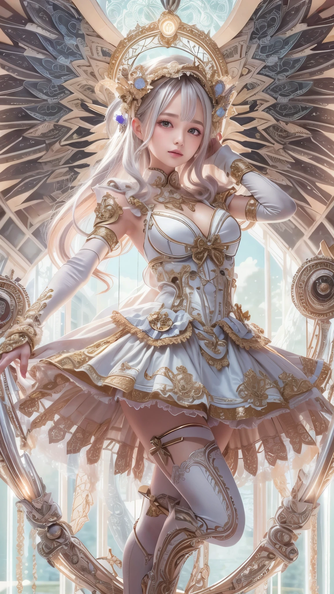 Cyborg, Girl, Beautiful girl, Cute, Sexy, Strong, Slender, Delicate, Smile, (ta costume), High legs, Metallic, ultra color, paisley, Headgear, mandalas, Near future, Heaven, angel, feater, wing, Helix lamp
