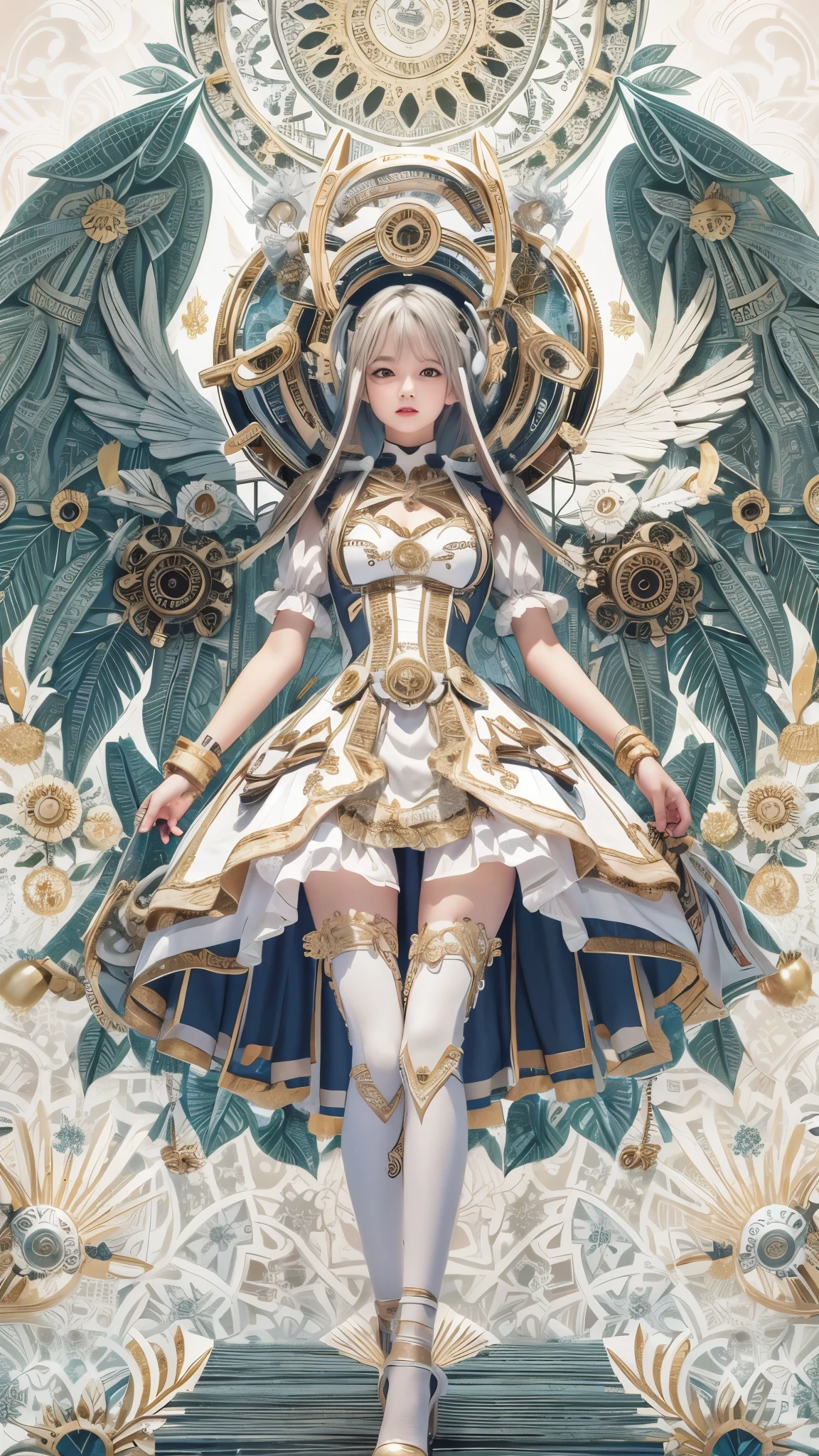 Cyborg, Girl, Beautiful girl, Cute, Sexy, Strong, Slender, Delicate, Smile, (ta costume), High legs, Metallic, ultra color, paisley, Headgear, mandalas, Near future, Heaven, angel, feater, wing, Helix lamp
