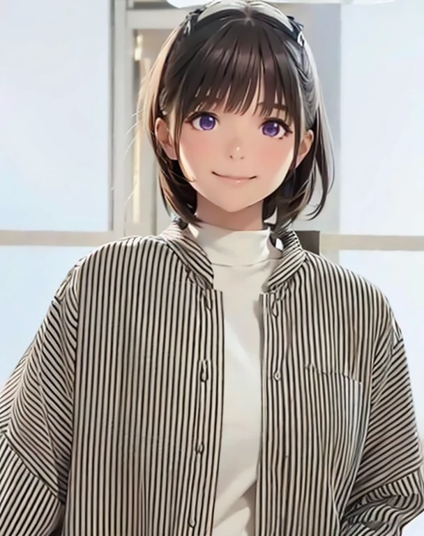High resolution,In 8K,highest quality,detailed,Semi-realistic anime,Anime 3D Style,Smooth anime CG,One Girl,19-year-old woman in Japan,slim,Modeled,Shiny brown hair,Medium Hair,detailedな顔,Beautiful and detailed,Glowing Skin,Light turtleneck shirt,Put on a striped shirt,straggling hair,Angelic hairstyle,Purple glowing eyes,(Small breasts),((Looking at the camera)),((Mouth closed)),((Smiling)),((Overall, slightly blurred))