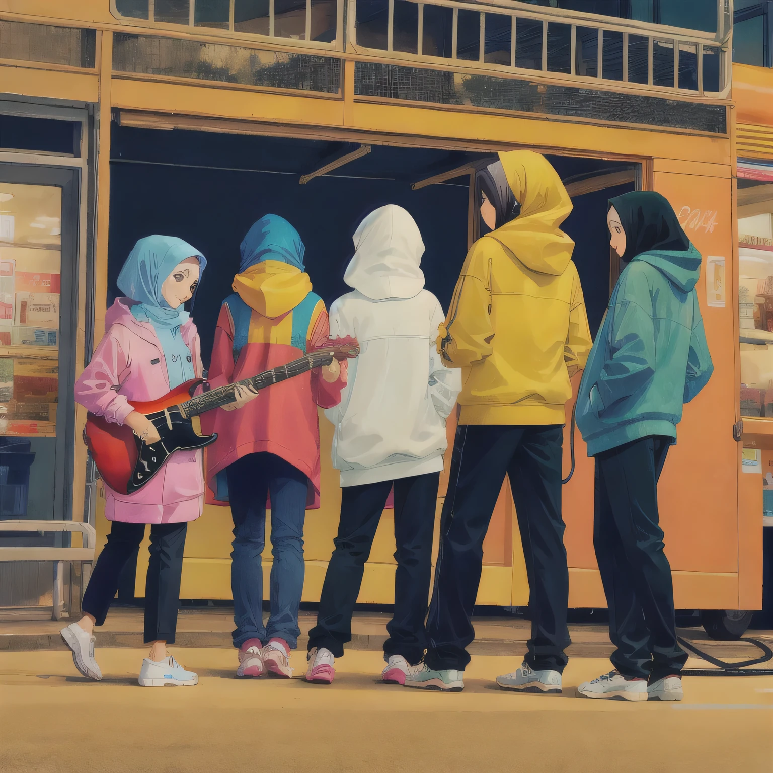 4 hijab girls, long sleeves, long pants, electric guitar at the back, hoodie