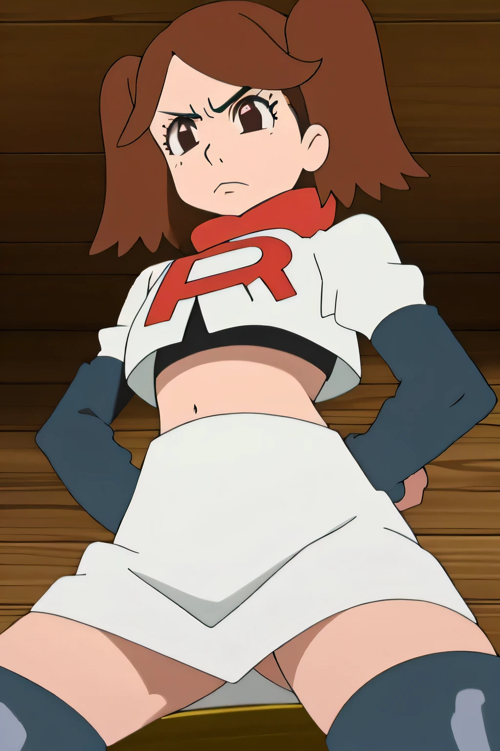 masterpiece,best quality,high res,high quality,8k, masterpiece,highres, team rocket uniform, red letter r, white skirt,white crop top,black thigh-high boots, black elbow gloves, glaring angrily, looking down at viewer, hands on hips, cowboy shot, zettai ryouiki,spread legs,from below, black panties,anime style, vivid colors, sharp focus, intense lighting,namida suzameno,two braids,brown hair,brown eyes