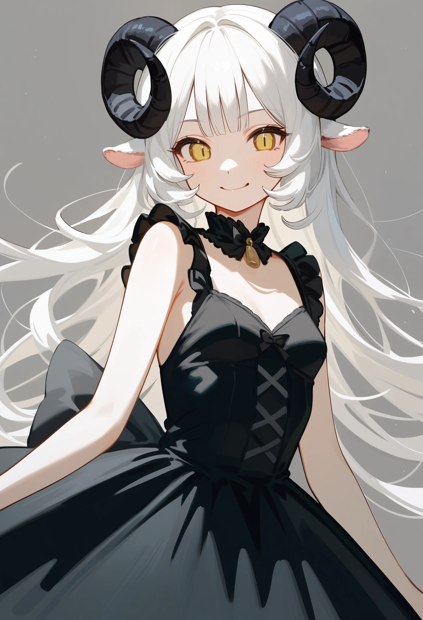 (score_9, score_8_up, score_7_up), 1girl, solo, (sheep horns, curled horns, black horns:1.2), (black sheep ears), white hair, long hair, hime cut, long bangs, pale skin, yellow eyes, evil smile, smug, small breasts, standing, ta fashion, (black dress, old fashioned), (white background, simple background), upper body, masterpiece, best quality