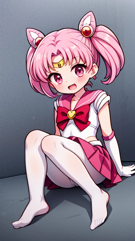 Sailor Moon,young年,Seven years old,cute,(Little ),Pink hair twintails,short hair,Sailor Suit,Red bow,White elbow gloves,Red Skirt,No shoes,Open your mouth,laughing out loud,Fangs,(White pantyhose),soles of feet,Soles,(young),(little man),sit