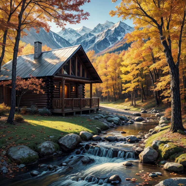 Cabin, mountains, autumn, falling leaves, creek, woods, path, detailed, lovely painting