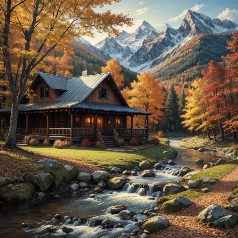 Cabin, mountains, autumn, falling leaves, creek, woods, path, detailed, lovely painting