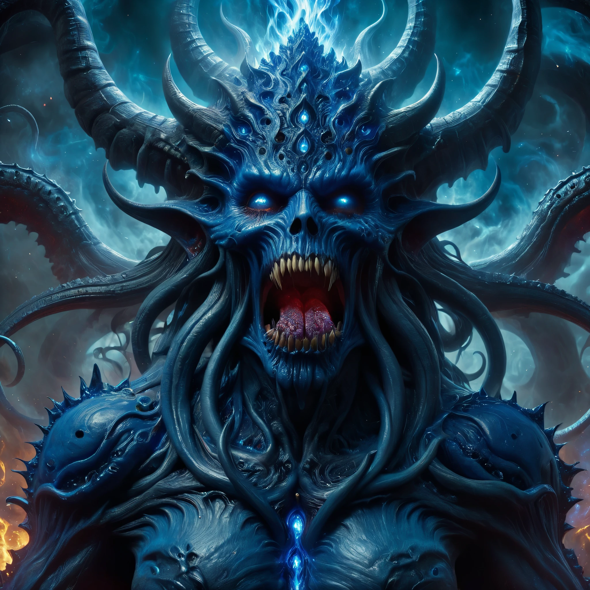 (highest quality,4K,8k,High resolution,masterpiece:1.2),Very detailed,(Realistic,photoRealistic,photo-Realistic:1.37),A giant demon with three faces from another dimension summoned from a magic circle., Space horror, A deformed head with tentacles and twisted horns, A huge number of giant tusks, Long, sharp claws, Long tail, A terrifying figure enveloped in blue flames, Overwhelming violence that plunges the world into chaos, Free your imagination, Breaking the Limits, Creating a new world (amazingly powerful and Realistic composition by Greg Rutkowski:1.2) (One of them is the face of the most beautiful girl in the universe:1.5), (Browsing Caution:1.5), (The head has organs that resemble female external genitalia.。:1.5)