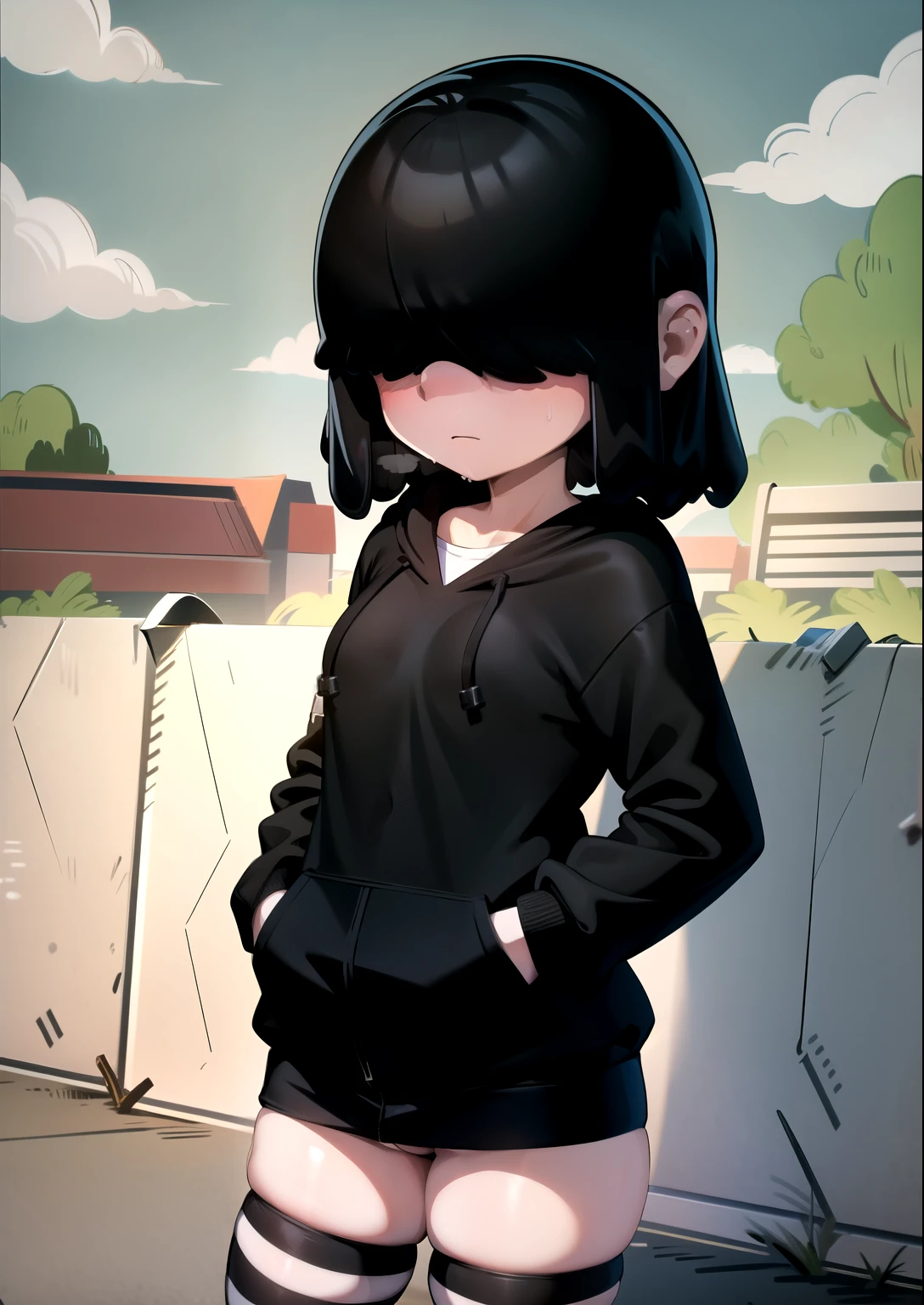 1girl, masterpiece, (detailed background), best quality, absurdres, 1girl, lucy loud, black hoodie, (hair_covered_eyes), striped thighhighs, black hair, thick thighs, outdoors,cowboy shot, short hair, cloud, cloudy sky, hands in pockets, oversized clothes, wide hips, perfect lighting, sweat