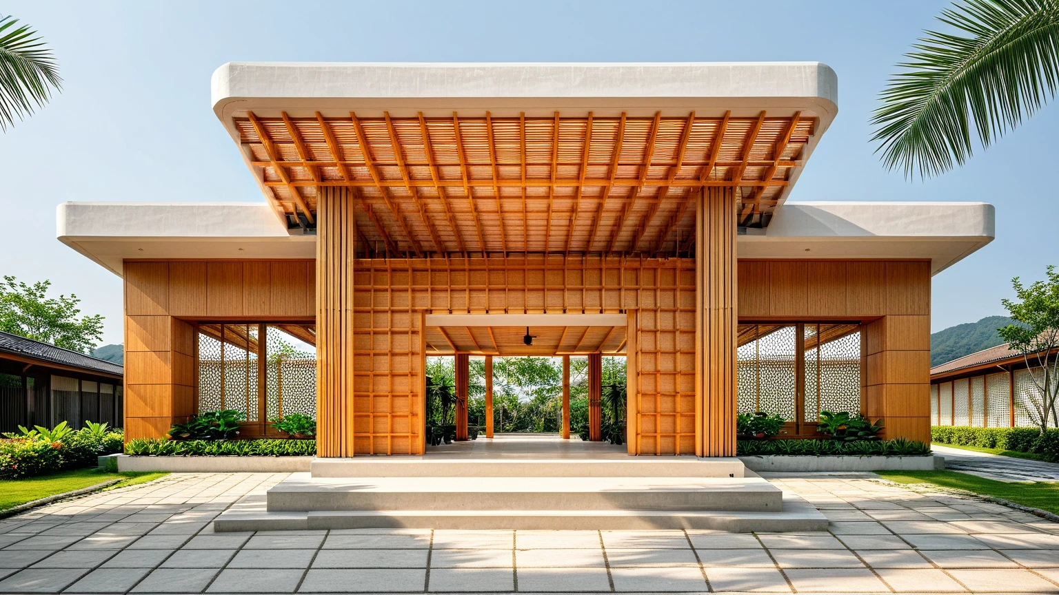 there is a plant growing in a pot on a wooden structure, mesh, wooden structure, polygonal wooden ceiling, building covering with plants, detailed structure, architectural photo, facially perfect geometry, module, wooden rack, geometry, textured wall, symmetrical details, open wall architecture home exterior, minimalist structure, Japanese architecture, old white wall