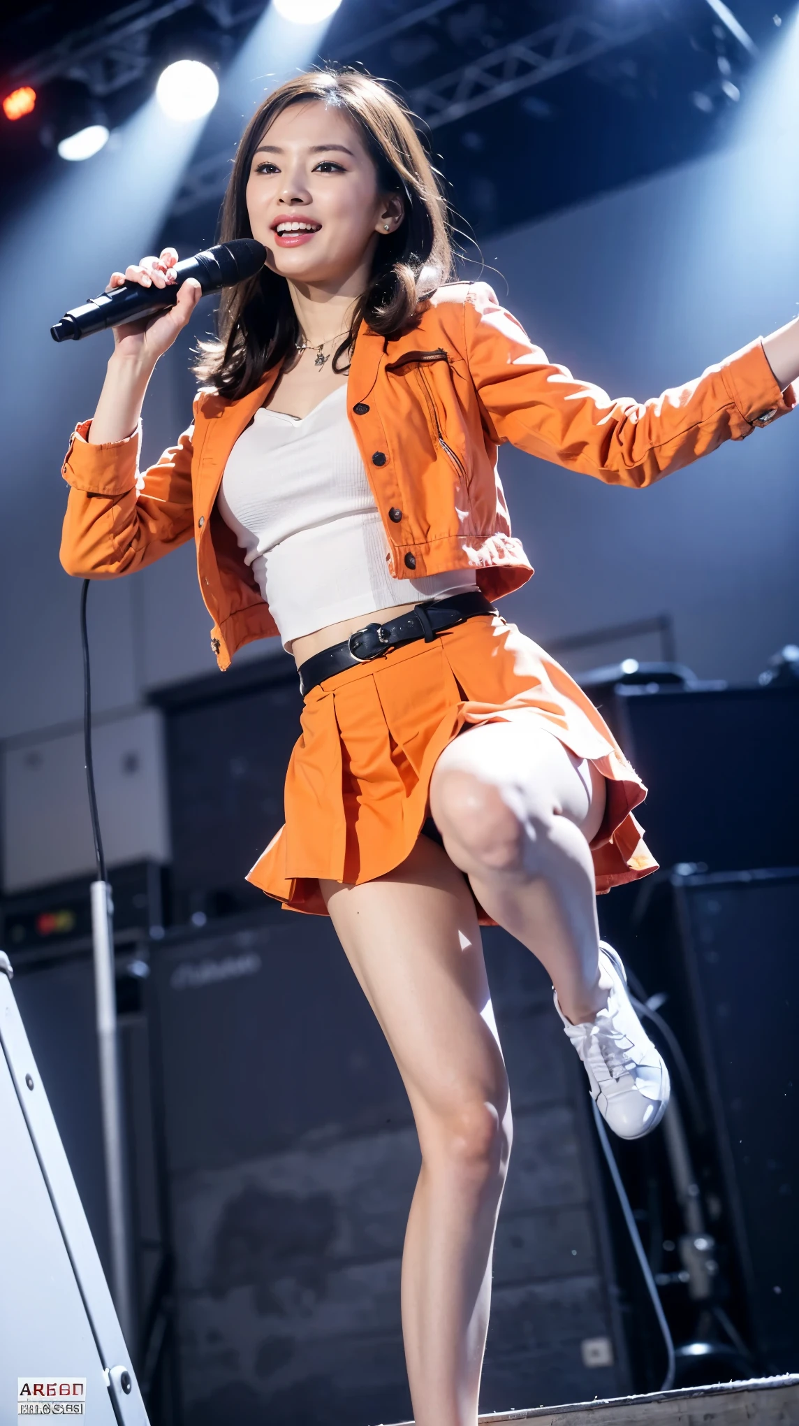 highest quality,masterpiece,Ultra-high resolution,(Actual:1.4),Original photo,Ultra-high resolution,8K,There is a woman,Fair skin,flash orange dress:1.5,High heels,Long legs:1.5,Bright and beautiful,high waist,Flashy makeup with red eyeshadow,Gray background,highest quality,masterpiece,Ultra-high resolution,(Actual:1.4),Original photo,Ultra-high resolution,8K,Wearing Nogizaka46 stage costumes,Flashy makeup with red eyeshadow,Big laughing smile,Short cut with delicate brown hair,A live costume of a high school girl's uniform mini skirt,Live costume: high school girl uniform jacket,She is jumping with her skirt rising up,Two girl idols,Concert Venues