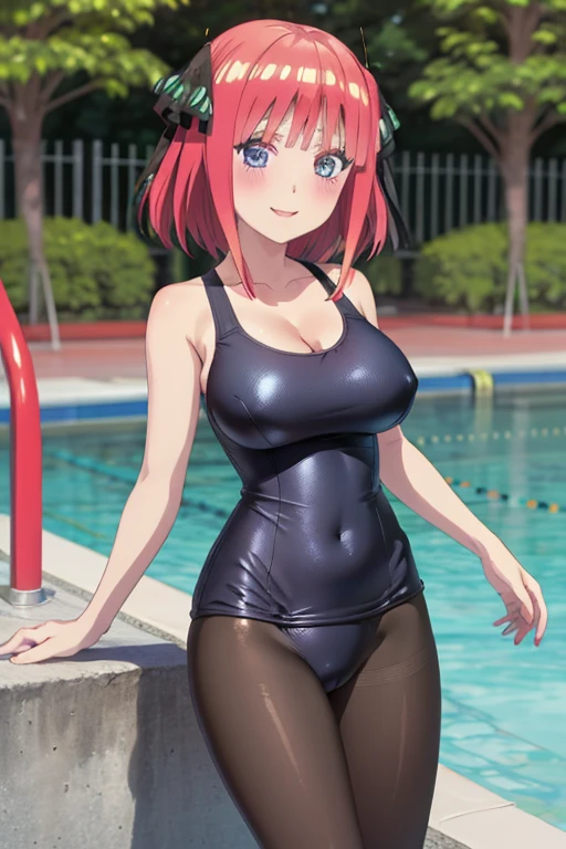 best quality, ultra-detailed masterpiece, anime art style, cute characters, nino nakano, one-piece swimsuit, large breasts, pantyhose, blush, smile