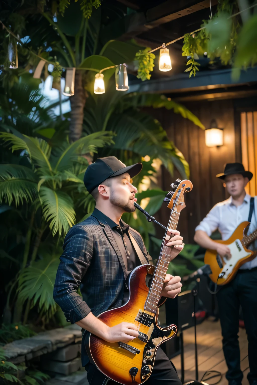 a group of men playing musical instruments in a room, unsplash, funk art, film noir jazz bar, in jungles, saxophone, performing on stage, 🌸 🌼 💮, dusk setting, wesley kimler, wedding, in sao paulo, horns under his cheek, vintage inspired, swirling, professionally done, dwell, skies behind, kezie demessance