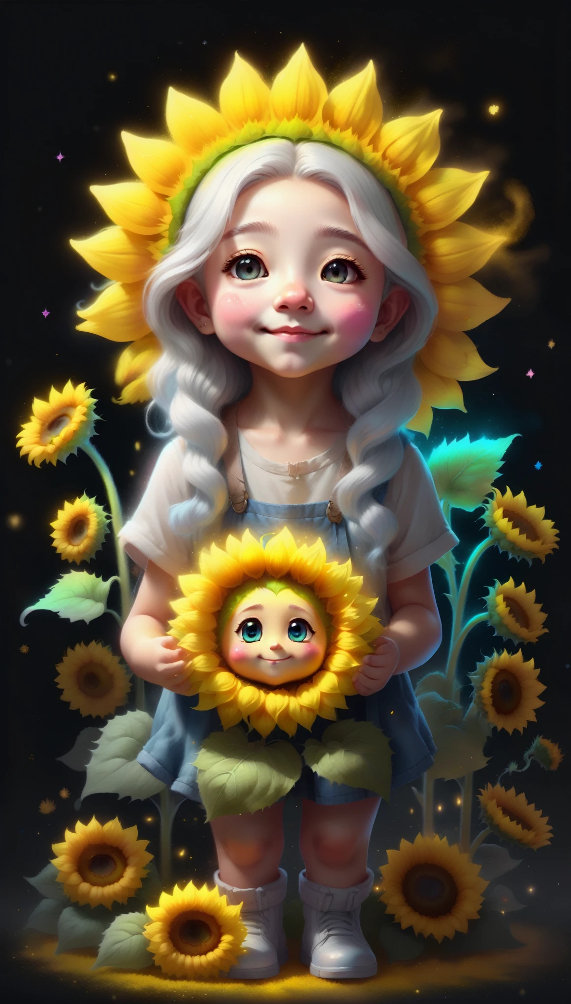 chalk gray style，(Glowing magical and cute sunflower，There is a cute Layne face among the flowers)，8k，Irridescent color，kawaii，adolable，number art，high high quality，highly  detailed, chalkdust