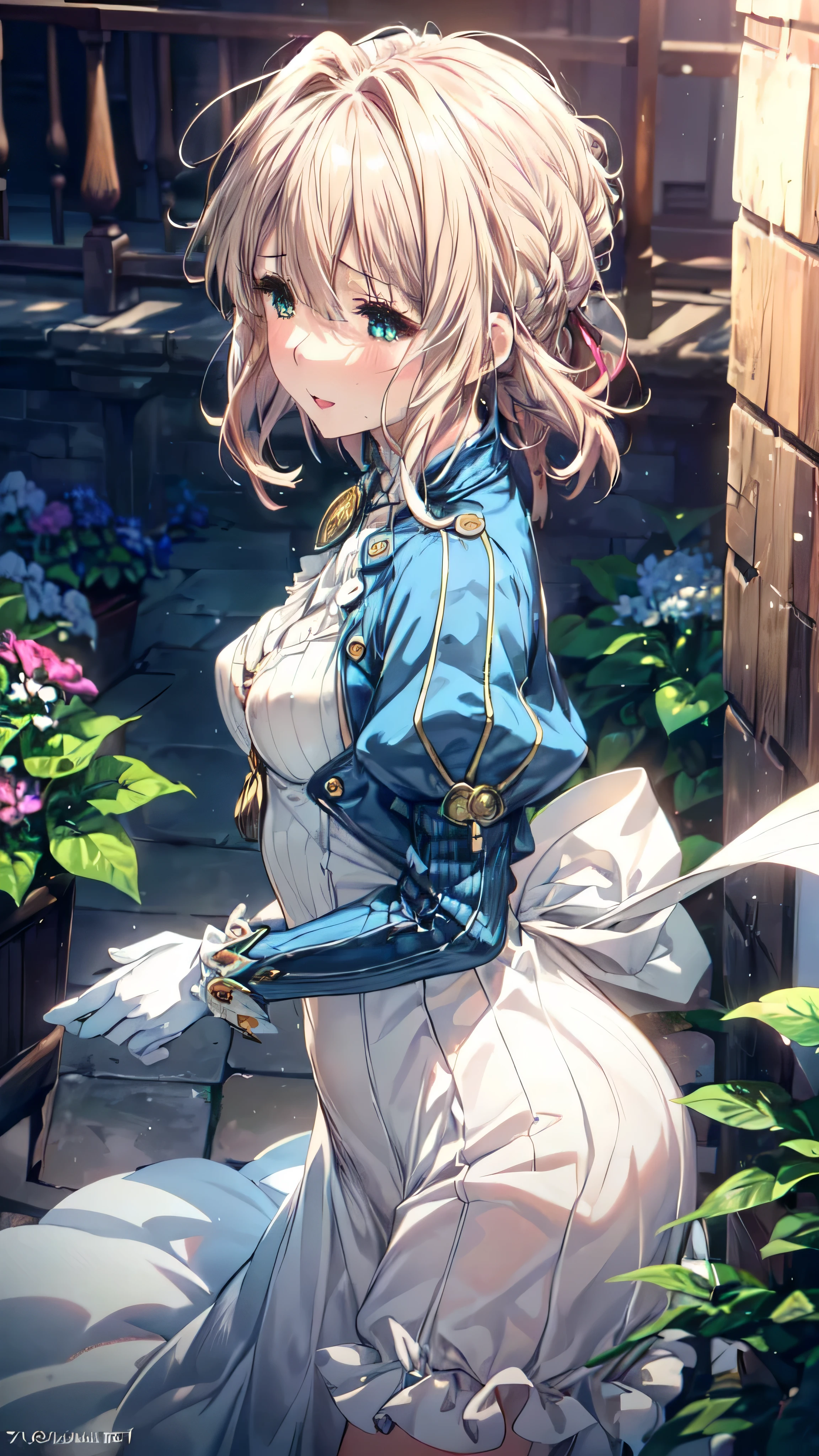(Ultra-high resolution of the highest quality, masutepiece, Best Quality, 8K, Super Detail, Best Quality, hyper quality, Ultra-detailed:1.4), (Hyper-realistic, Photorealsitic:1.4), Authentic skin texture, intricate-detail, (1 girl:2), (slender body:1.2), (petite body:1.8), (small build:1.8), (large breasts:1.8), (large frilled white dress:1.6), (blue jacket:1.6), (glove:1.4), Extremely cute, amazing face and eyes beautiful nice smile), (extremely detailed beautiful face), bright and shiny lips, (blush cheek), standing, erect nipples, (orgasm, female ecstasy:1.4), (half closed eyes:1.2), (steam:1.2), (from above, from side:1.4), Violet Evergarden
