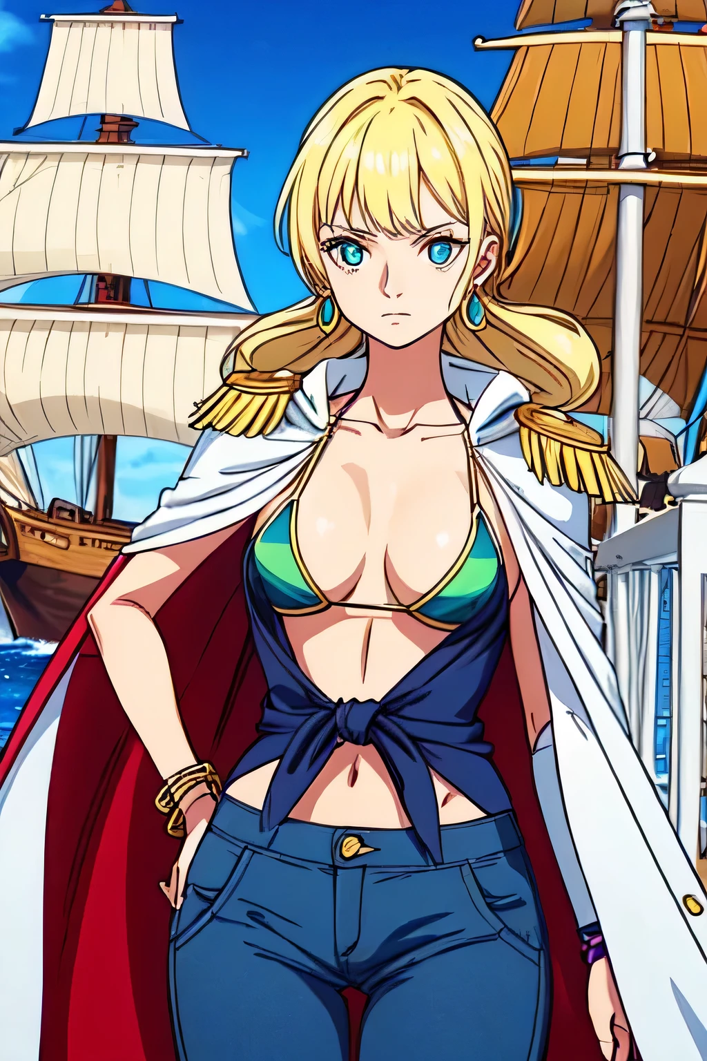 make a 2d character, woman, long hair tied up, blonde, without bangs, blue pupils, with a confident expression and older appearance, with a bracelet on her wrist, earring, with a bikini, a pair of pants, in a ship, medium tits, long cape, capitain
