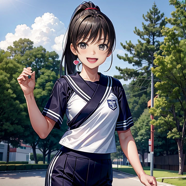 (Highest quality, Masterpiece), (Beautiful Japanese girl, 11 years old), ponytail, smile, sport girl, medium breasts,