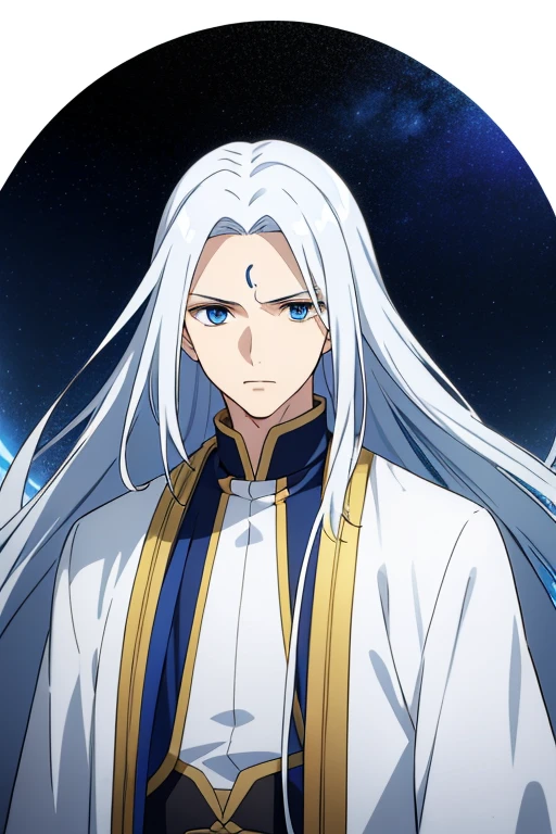 (high quality,It's fascinating),(Expressive eyes,perfect face)1male,male,solo,height,Elongated face,teen age,Very long hair,Very long bangs,White hair with blue streaks and highlights,Messy hair,Show forehead,Light blue eyes,Serious expression,White Hanfu,Venus,Venus罗马激情之神,Venus背景,space background,portrait,Upper body,magic,