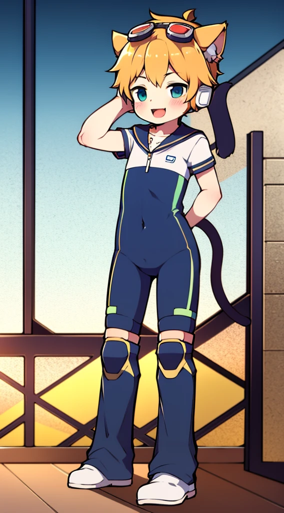 2D Boy Shota，One-piece mountaineering suit，Slim, healthy body，Put the headphones on your head，stand up，goggles，Cat ear，happy，Sailor collar，Lovely，Love，Short sleeve