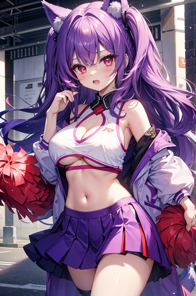Fox Girl, Large Breasts, Voluminous purple hair, masterpiece , Red eyes, hd, Head to Chest, buried in my chest、Underboob、Double teeth、tooth、Cheerleader