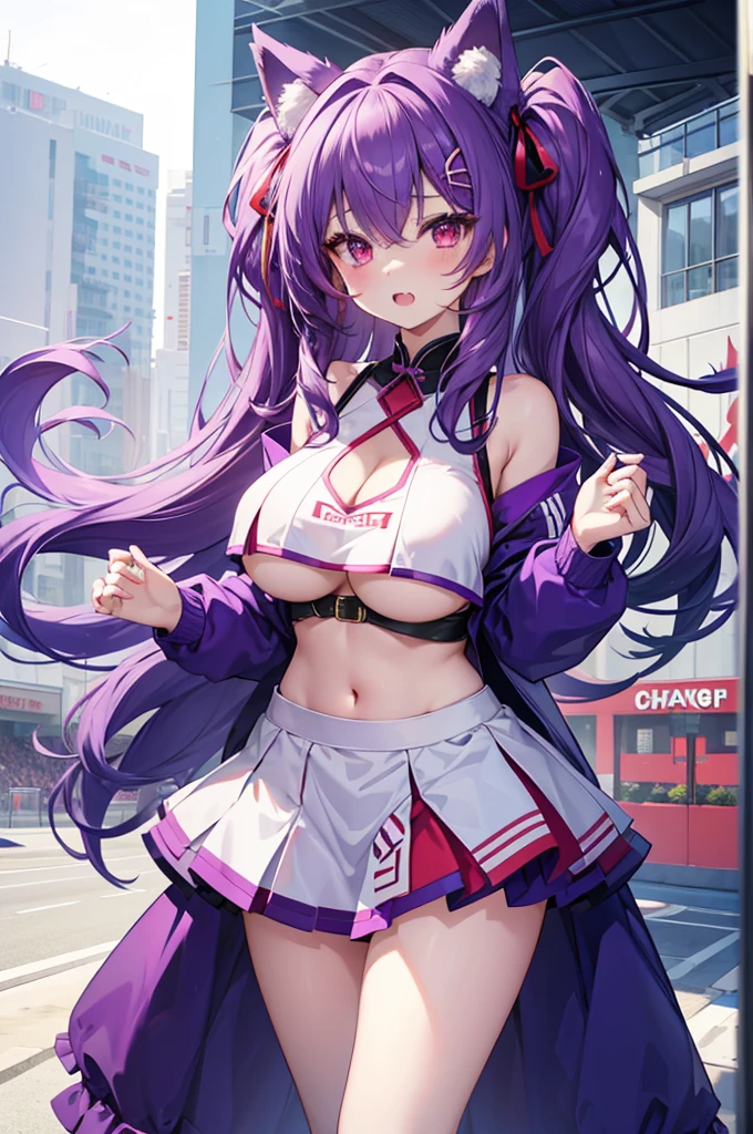 Fox Girl, Large Breasts, Voluminous purple hair, masterpiece , Red eyes, hd, Head to Chest, buried in my chest、Underboob、Double teeth、tooth、Cheerleader