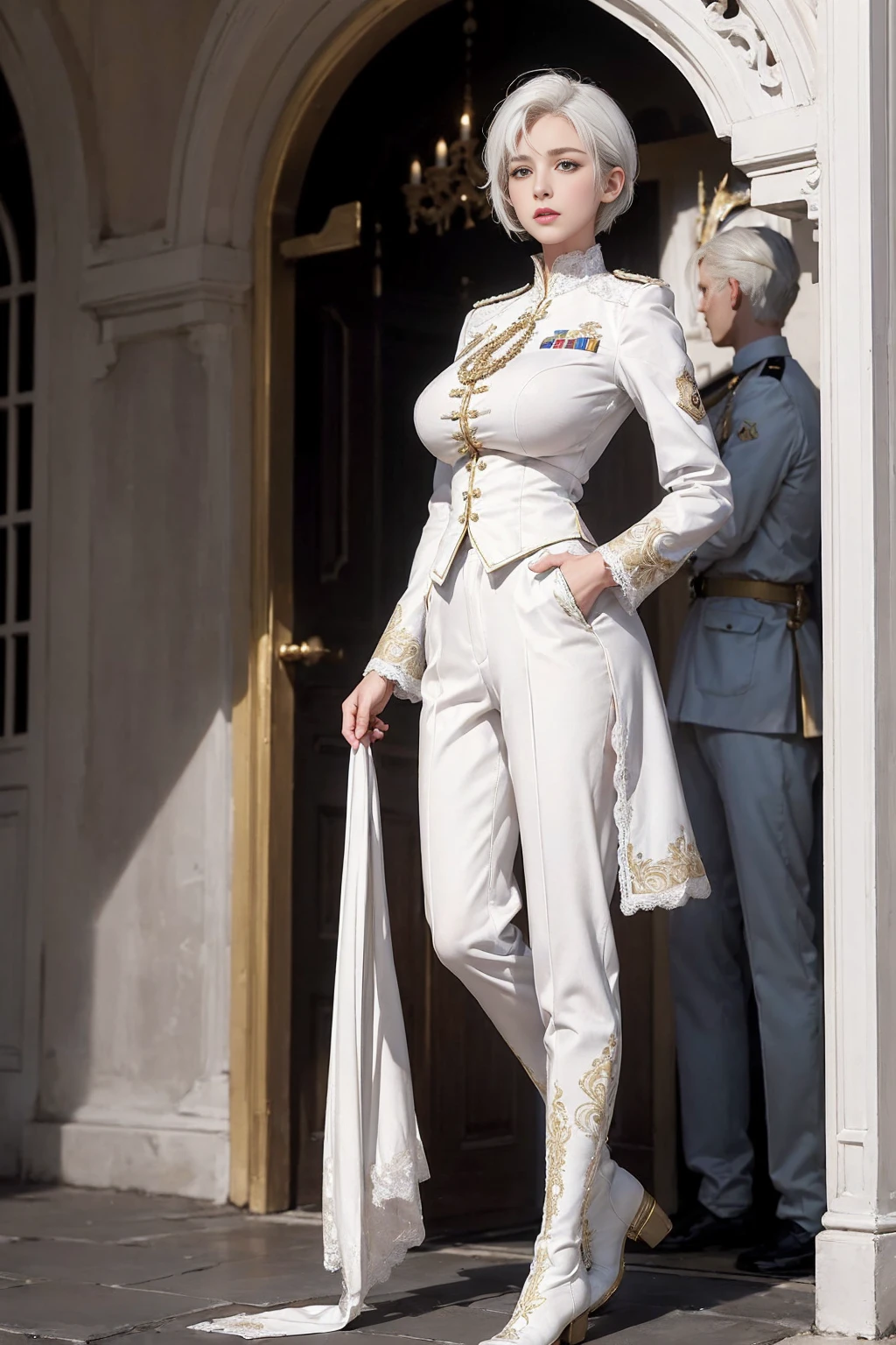((1 Full body single woman)) ,(Shooting from front and middle), looking at the camera, centered image, tmasterpiece,A high resolution, Absolutely beautiful, facing camera, Tall and tall,(big breast : 1.3), white short hair with updo, (full coverage white lace uniform, Royalty Ornate, Embroidery, decorated uniform and pants, Exquisite details of the uniform and pants, lace stockings, warrior, white gloves, show boots, military uniform, allure:white hair, short hair (hair behind the body), young adult,(Tall:1.5),Rich scene detail,In the midst of the war,standing.