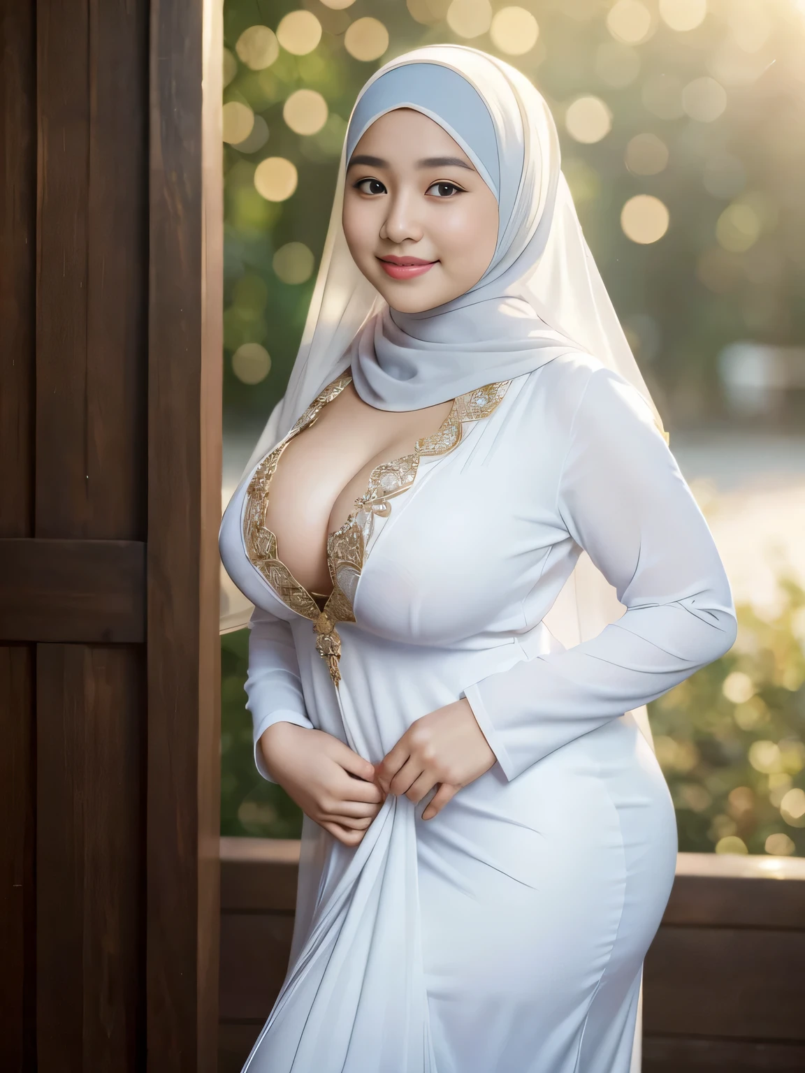 Beautiful, cute , 16 Years wel McDonie, (wearing hijab), full hijab, sexy long sleeves kebaya dress, slightly Chubby , White Skin, Smiling, porn studio Background, day light,mid shot, full body, Perfect Potrait, Bokeh Effect, Look at Viewer, big breast, ((adorable:1.2)), ((masterpiece:1.1)), ((bokeh:1.2)), buttocks,(naughty seductive poses)