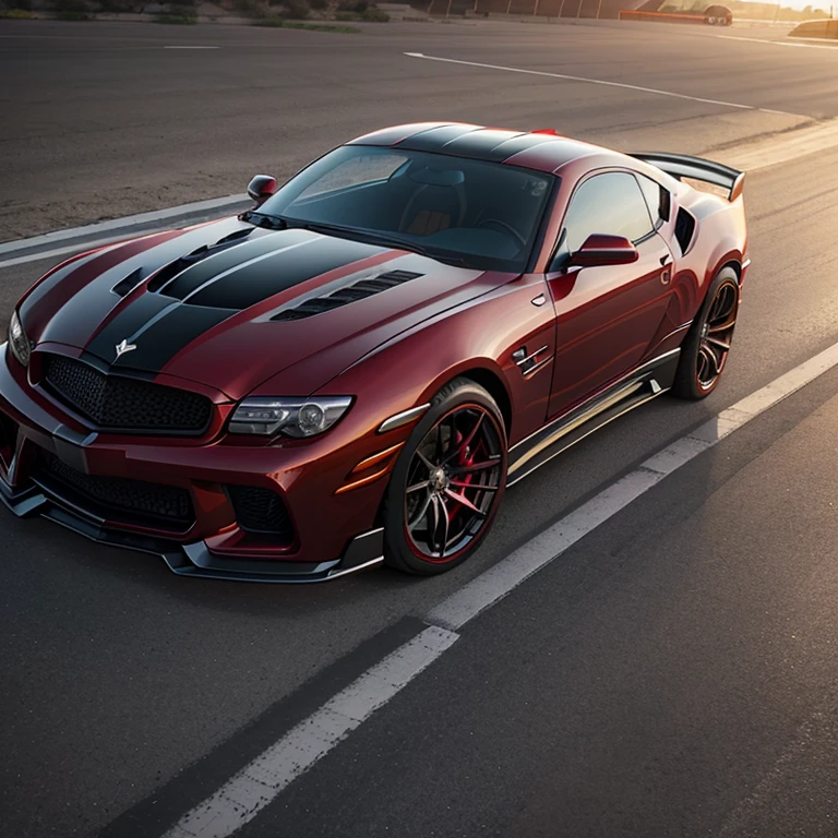Hyper sports car with a sleek, metallic carbon fiber body, emblazoned with the regal emblem of a proud eagle in red, and striking, vibrant red headlights. (photorealistic: 1.6), low angle view, glossy surface reflections, dynamic shadows, immaculate detail and texture, exuding an aura of power and sophistication. (masterpiece: 1.1), (automobiles: 1.4), (high-performance: 1.3).