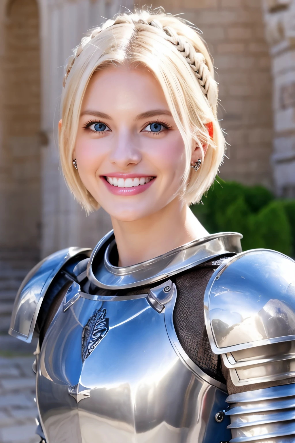 8K、highest quality、female knight、Luxurious Silver Armor、、hairstyle short cut、smile、Beautiful Teeth、Full body photo、ear piercing、blonde、White woman、blue eyes、Heavy makeup、The background is inside the castle
