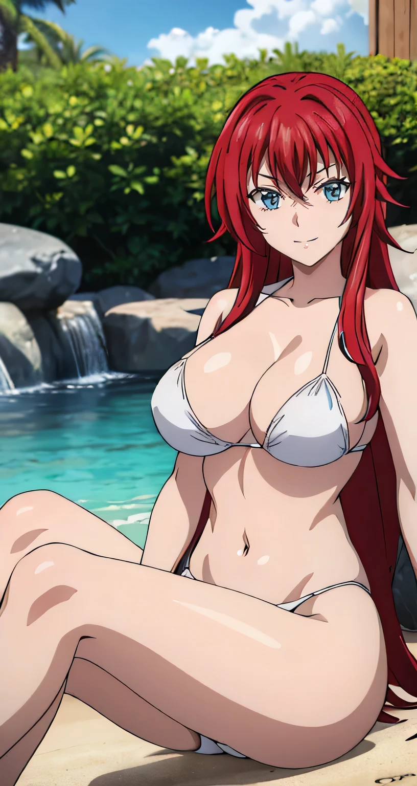 (((picture perfect))), (absurdres), 1girl, solo, rias gremory, looking at viewer, smile, white bikini, blue eyes