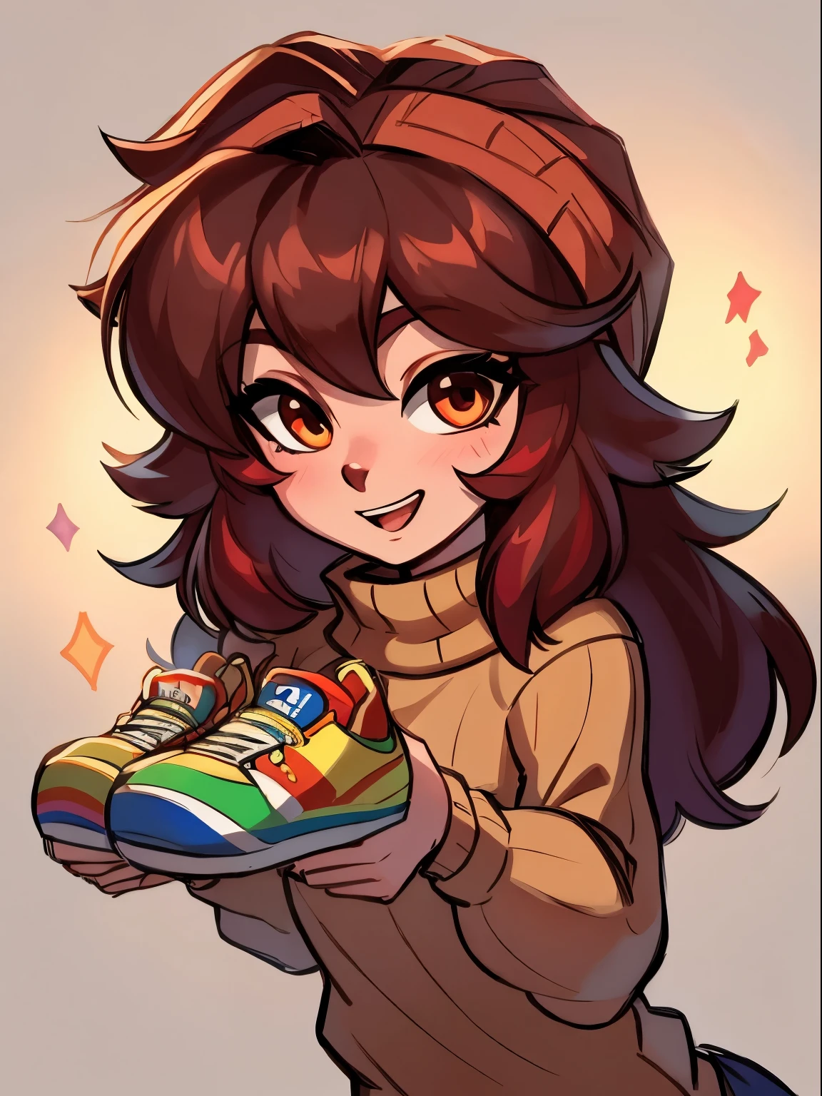 16-year-old boy, hermoso, cabello pelirrojo, cabello corto, ojos verde claro, piel blanca, pecas en sus mejillas y nariz, ropa de chico listo, Brown sweater, rainbow colored shoes, fun expression,