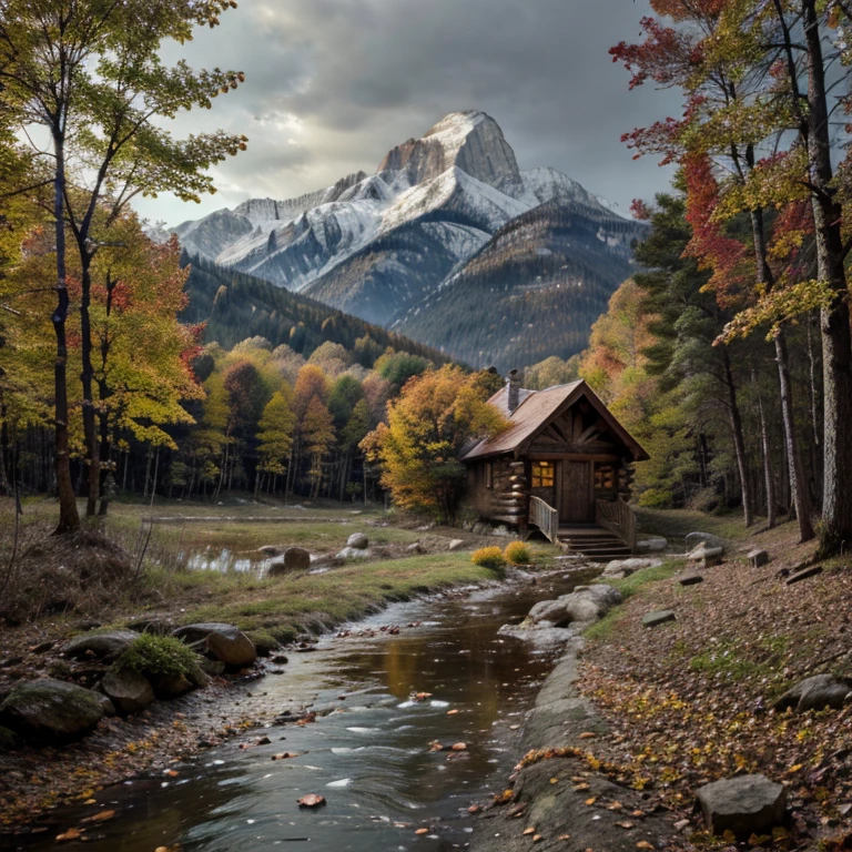 Cabin, mountains, autumn, raining, falling leaves, creek, woods, path, detailed, lovely painting