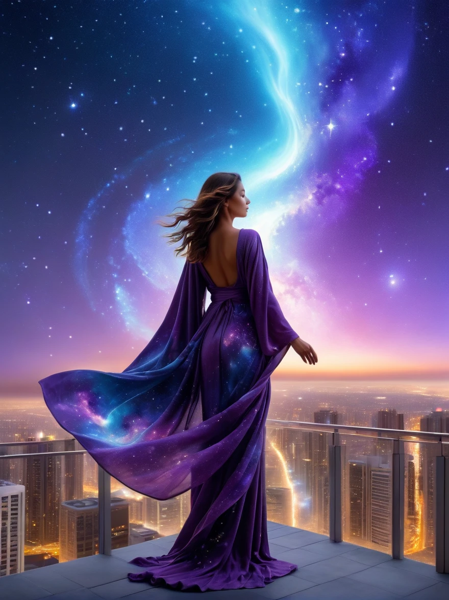 A female figure standing on the rooftop of a high-rise building, (Rooftop Focus), Surrounded by swirling currents of cosmic energy, In a dream, hazy scenery, The silhouette of a person is wrapped in flowing starlight, A flowing robe that blends in with the galaxy, the sky is A tapestry of deep purples and blues, Scattered with stars, The scenery below is of gentle rolling high-rise buildings, The scene is peaceful and sublime, Capturing the magnificent essence of the universe in a single way, Contemplative figure standing in awe, UHD, masterpiece, ccurate, anatomically correct, best quality, 8k