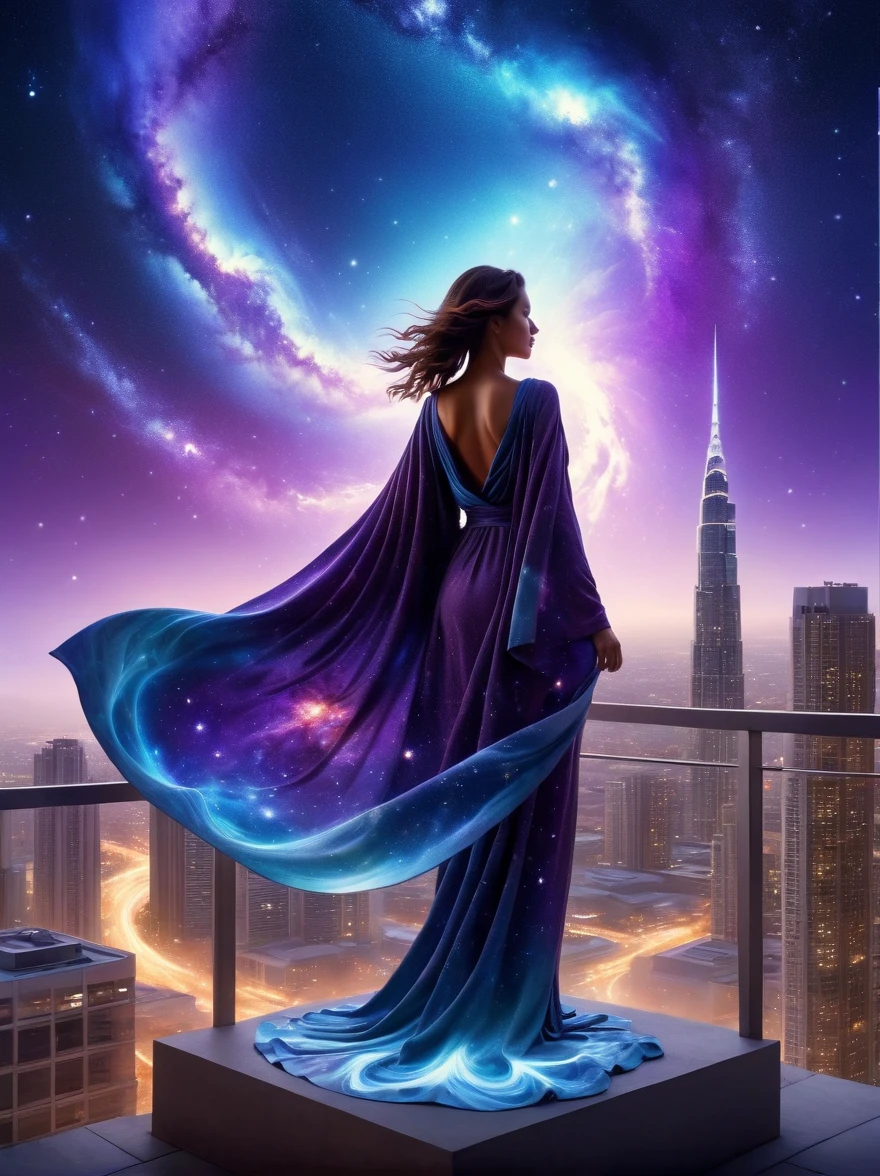 A female figure standing on the rooftop of a high-rise building, (Rooftop Focus), Surrounded by swirling currents of cosmic energy, In a dream, hazy scenery, The silhouette of a person is wrapped in flowing starlight, A flowing robe that blends in with the galaxy, the sky is A tapestry of deep purples and blues, Scattered with stars, The scenery below is of gentle rolling high-rise buildings, The scene is peaceful and sublime, Capturing the magnificent essence of the universe in a single way, Contemplative figure standing in awe, UHD, masterpiece, ccurate, anatomically correct, best quality, 8k