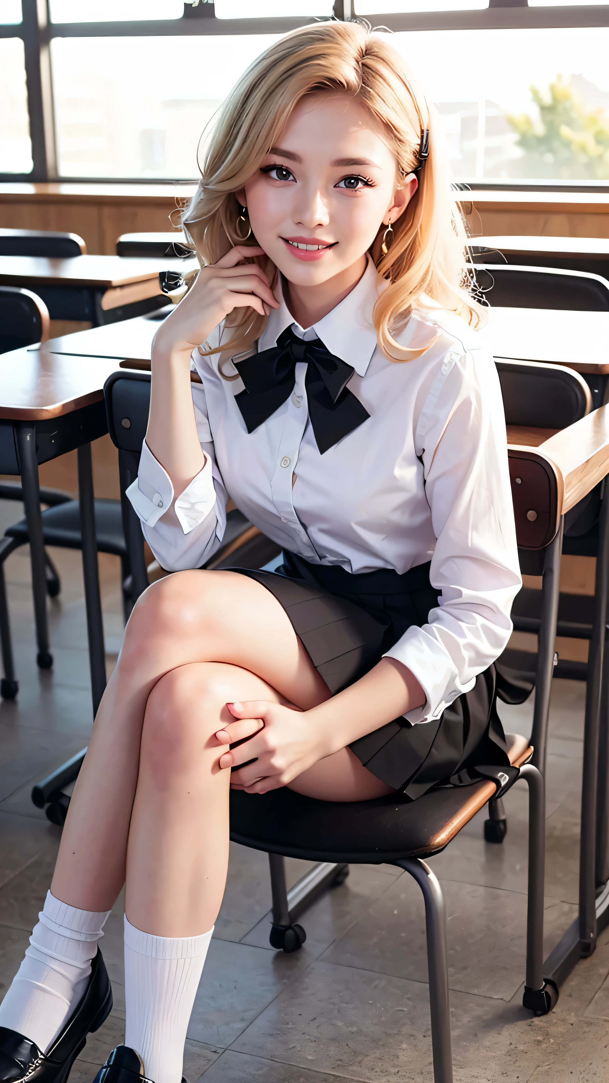 (8k、highest quality、highest quality、masterpiece)、Detailed face、One Girl、 blonde、Wavy Hair、Grey Eyes、Earrings、Pink Lips、Wicked Smile、Mid-chest、((White collared shirt))、A bow tie、((Black pleated skirt))、White socks、loafers、Sit on a chair、Crossing your legs、Classroom Background